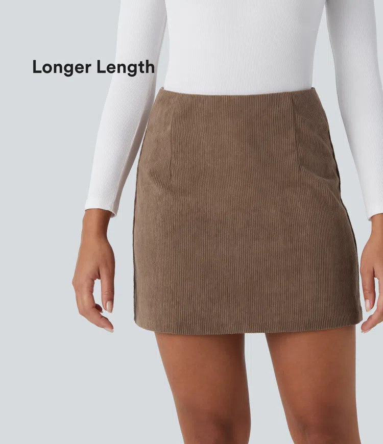 High Waisted 2-in-1 A Line Mini Corduroy Casual Skirt-Longer Length | HALARA