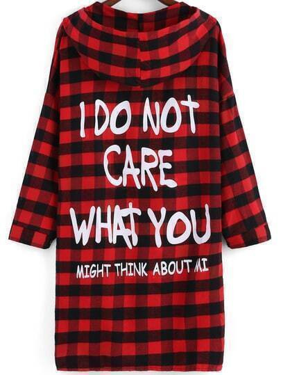 Red Black Hooded Plaid Letters Print Coat | SHEIN