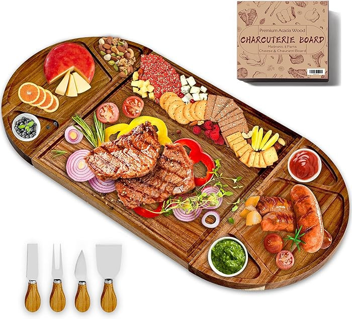 Large Acacia Wood Charcuterie Board Set, 3-Piece Magnetic Large Cheese Boards & Charcuterie Board... | Amazon (US)