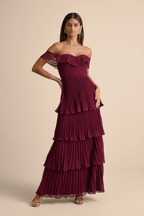 Always Remarkable Burgundy Pleated Off-the-Shoulder Maxi Dress | Lulus