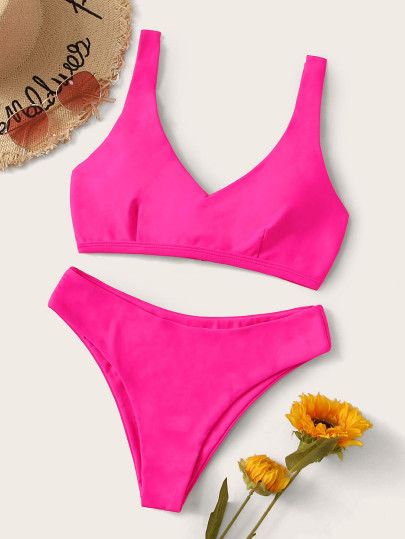 Neon Pink Lace Up Back Bikini Set | SHEIN