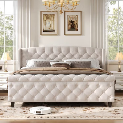 Christopher Knight Home Boyle Upholstered Sleigh Bed with Wingback Headboard and Scroll Footboard, Queen, Beige | Target