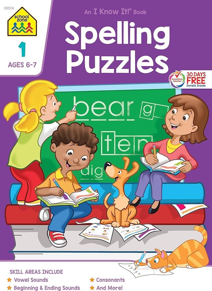 School Zone - Spelling Puzzles Workbook - 32 Pages, Ages 6 to 8, 1st Grade, Word Recognition, Pro... | Amazon (US)