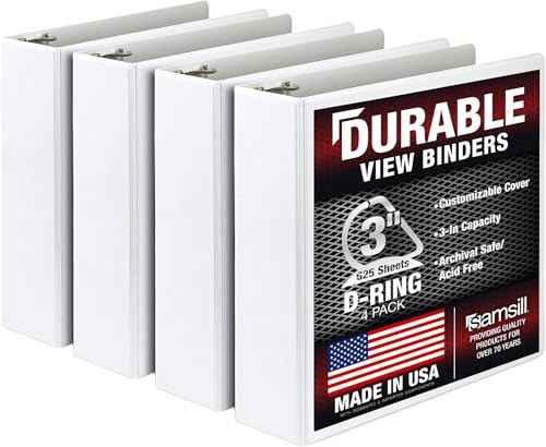 Samsill Durable 3 inch 3 Ring Binder, D Ring Binder, 100% Recycled Chipboard, White, 4 Pack | Amazon (US)