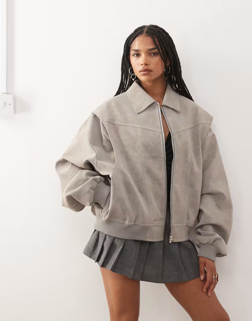 Lioness exclusive Vista leather look contrast stitch bomber jacket in taupe-Grey | ASOS (Global)