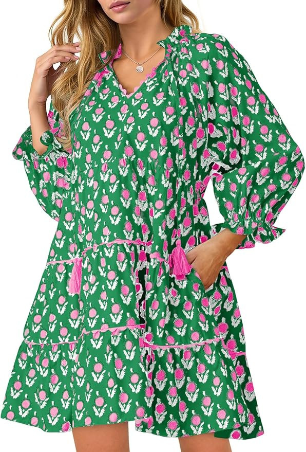 Wenrine Womens Casual Mini Dress Long Sleeve Floral Ruffle V Neck Fall Loose Boho Babydoll Dresse... | Amazon (US)