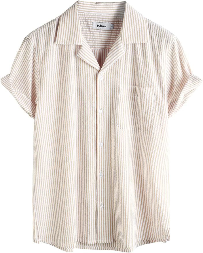 VATPAVE Mens Striped Summer Shirt Casual Button Down Short Sleeve Beach Hawaiian Shirts | Amazon (US)