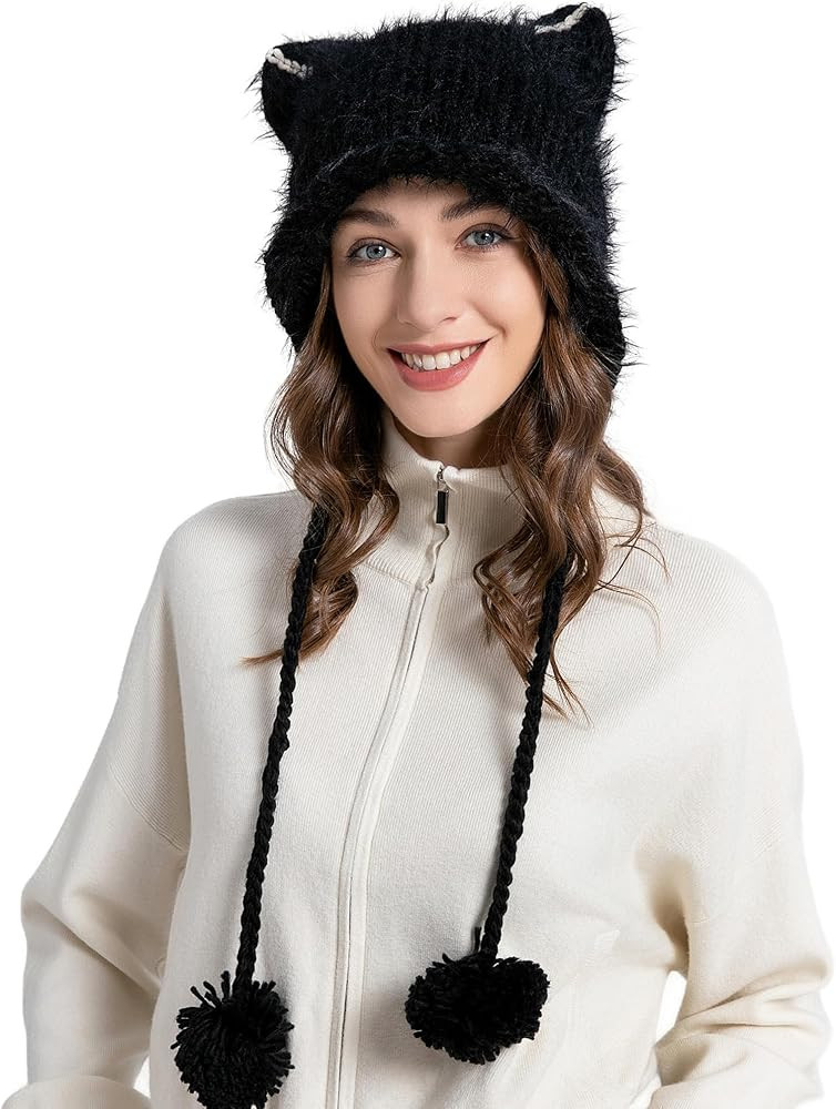 ZLYC Women Crochet Hat Knit Cat Ear Slouchy Beanie Cute Vintage Grunge Fuzzy Hat | Amazon (US)