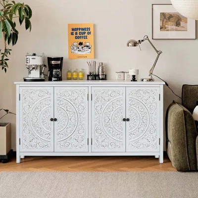 60 Inch White Accent Cabinet with 4 Doors, Rustic Wood Sideboard for Home Decor and Organization | Wayfair North America