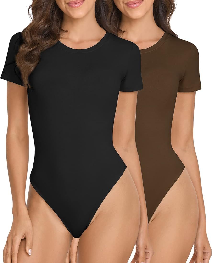 EUYZOU 2pk Women Crew Neck Short Sleeve Bodysuit Slim Fit Basic Body Suit Top T Shirts | Amazon (US)
