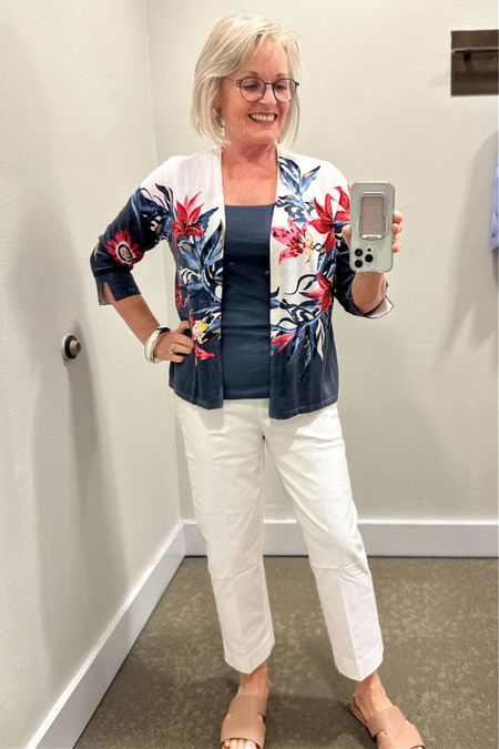 Chico’s floral cardigan, microfiber tank and Juliet cropped pants. All are true to size, but you can size up in the tank for a more relaxed fit.

#LTKStyleTip #LTKOver40 #LTKSeasonal