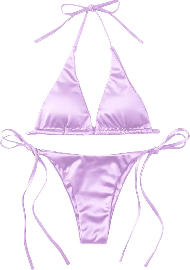SOLY HUX Women's Metallic Halter Top Two Piece Swimsuit Tie Side Triangle Bikini | Amazon (US)