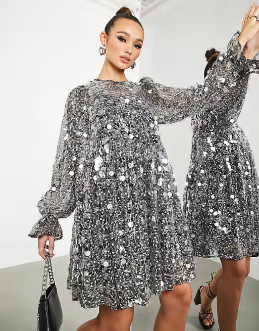 ASOS EDITION mini smock dress in embroidered sequin in black | ASOS (Global)