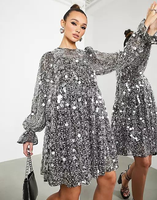 ASOS EDITION mini smock dress in embroidered sequin in black | ASOS (Global)