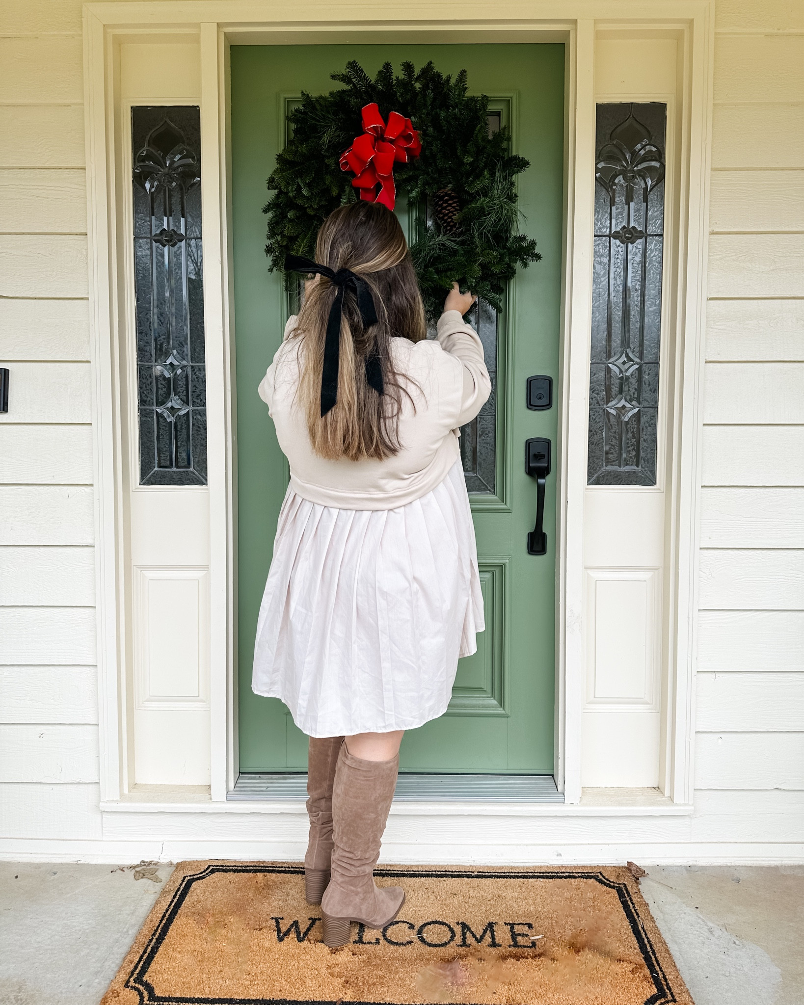 Free people cream dress
Sweatshirt dress cream 
Casual Christmas outfit
Black bow 

#LTKfindsunder50 #LTKshoecrush #LTKHoliday