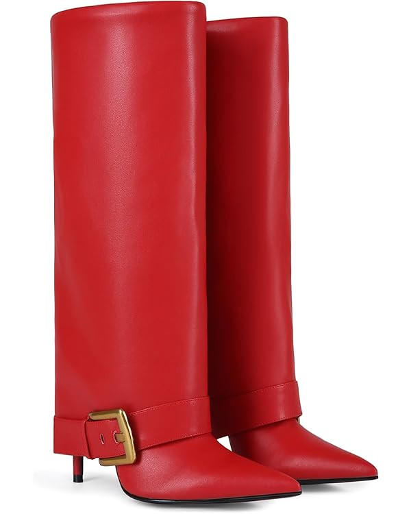 Fold Over Boots for Women, Heeled Knee High Leather Boots with 4-Inch Stiletto Heel, Wide Calf & ... | Amazon (US)