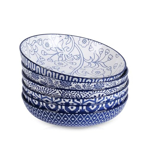 Selamica Ceramic Pasta Bowls Set 34 OZ, Large Salad Bowls 8.6 Inch Dinner Bowls for Kitchen, Wide Shallow Bowls Deep Plates for Pasta Soup, Microwave & Dishwasher Safe, Set of 6, Vintage Blue | Amazon (US)