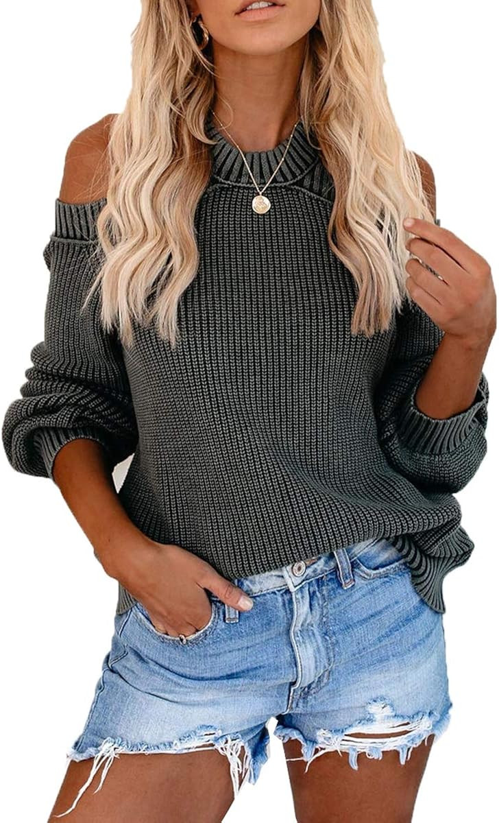 CHYRII Women Cold Shoulder Long Sleeve Sweater Open Back Chunky Knitted Pullover Tops | Amazon (US)