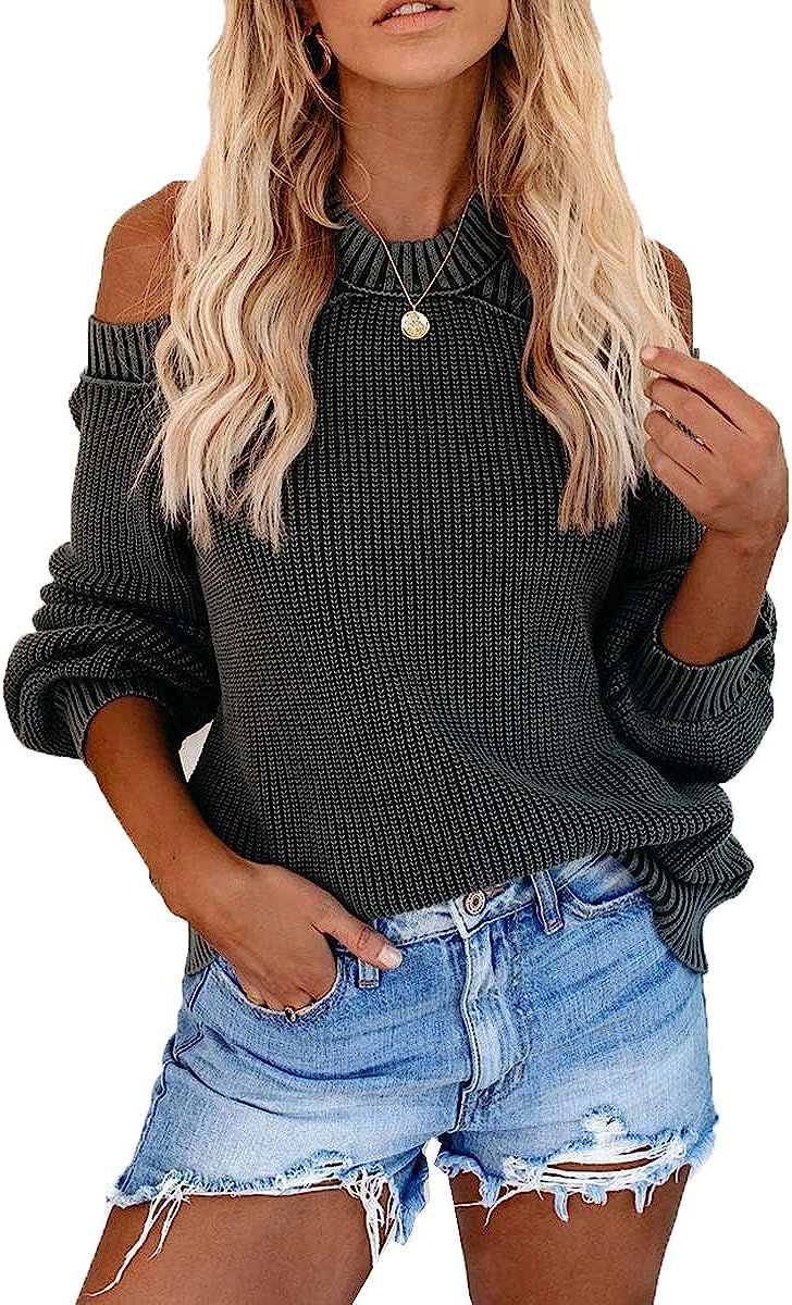 CHYRII Women Cold Shoulder Long Sleeve Sweater Open Back Chunky Knitted Pullover Tops | Amazon (US)