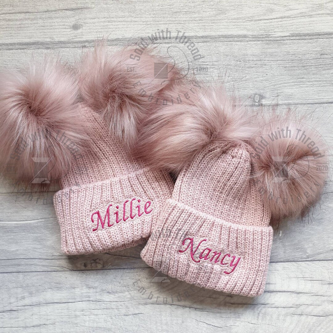 Personalised Baby/Toddler Double PomPom Knitted Hat, Rose Gold, Pink Baby Girl Hat | Etsy (US)