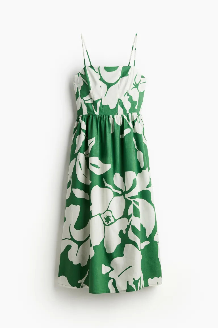 Linen-blend Midi Dress - Square Neckline - Sleeveless - Green/floral - Ladies | H&M US | H&M (US + CA)