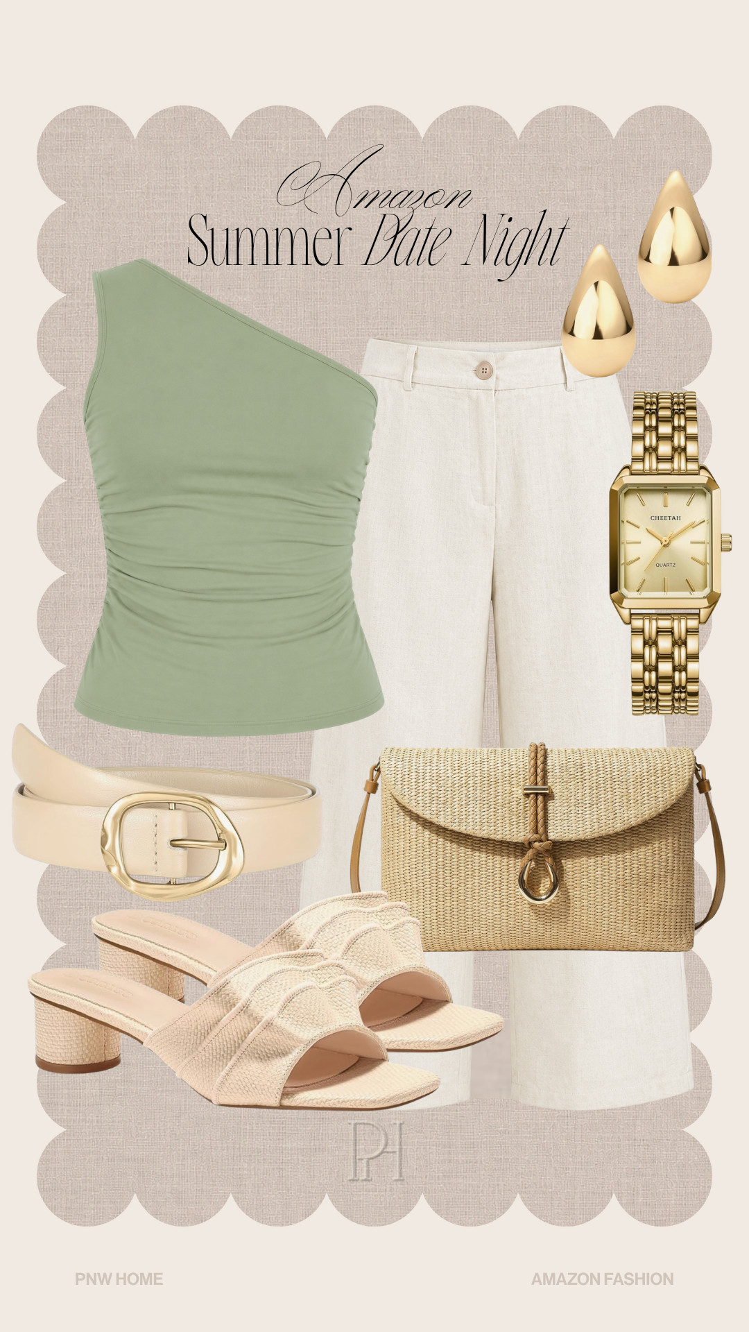 Amazon style finds for your next summer date night! 

summer fashion, summer style, summer looks, summer outfit, date night look, one-strap top, green top, white pants, gold earrings, teardrop earrings, woven handbag, summer handbag, gold watch, tan sandals, block heel sandals, white belt, summer shoes, summer sandals, summer footwear, neutral accessories, summer accessories 

 #LTKgrwm #LTKootd #LTKTall