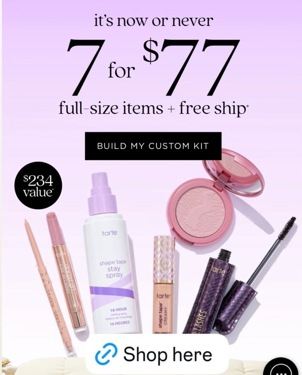 Tarte sale!! Seven full sized items for $77!
Plus free shipping. That's $11 per item
@Tarte 

TARTE: 7 full-size items for up to 67% OFF in this economy ($234 value)? It's giving 'add to cart' energy

#LTKselfcare #LTKBeauty #LTKSaleAlert