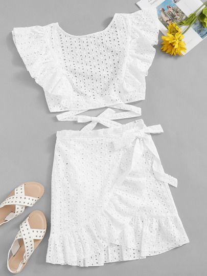 Lace Eyelet Ruffle Knot Top & Wrap Belted Skirt Set | SHEIN