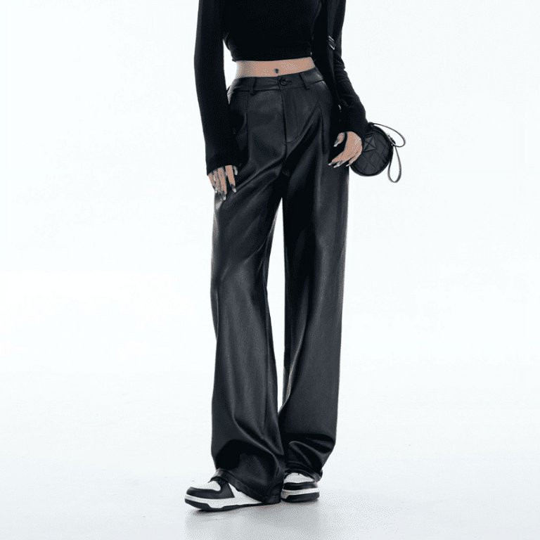 Black Leather Pants Women Casual Korean Fashion Baggy High Waist Straight Wide Leg Pants Streetwe... | Walmart (US)