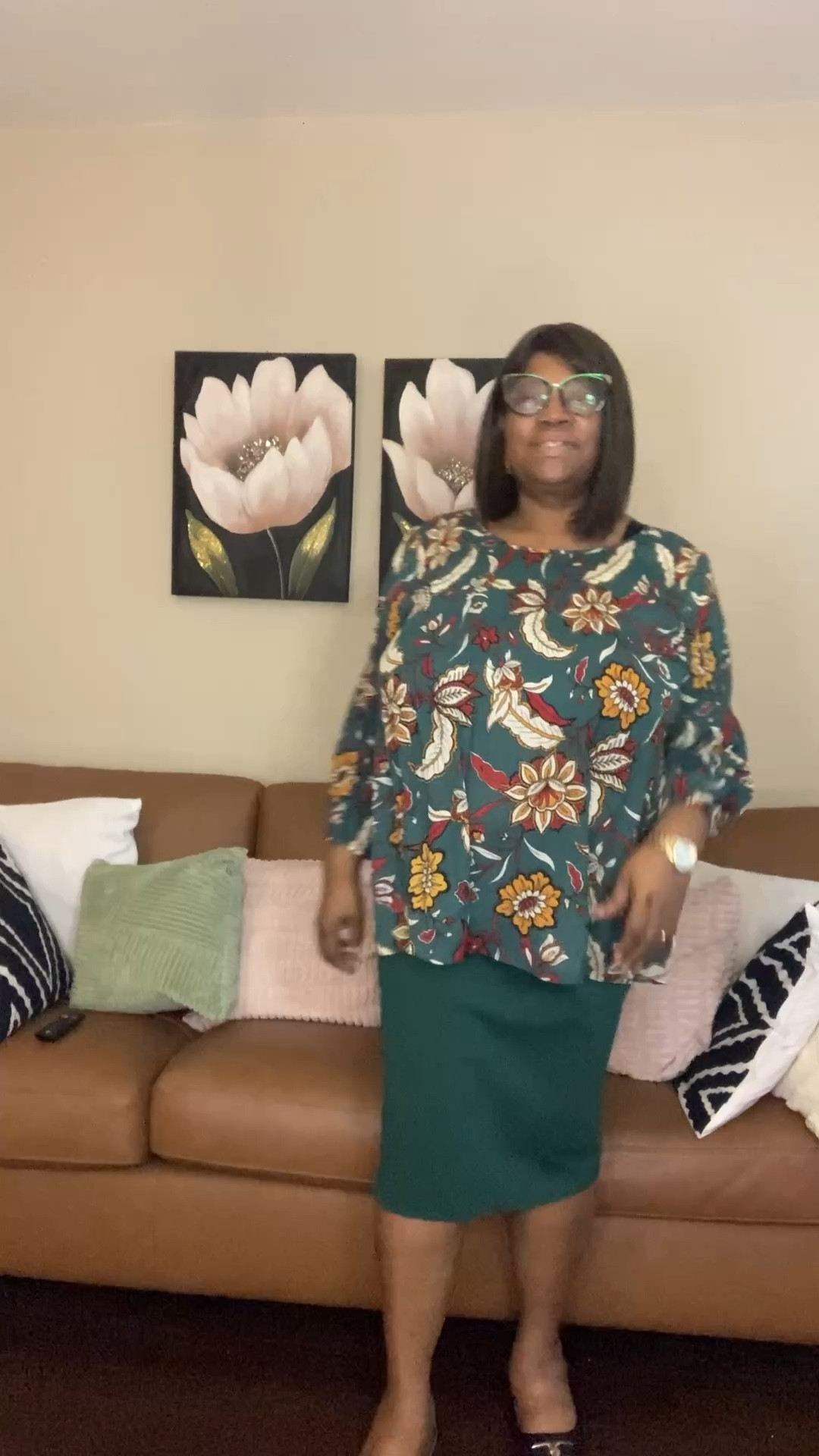 Plus size green multi colored shirred bodice tunic top with a green skirt. This outfit is so comfortable and pretty. #ad #ltk ltkplussize #ltkstyletip #linkinbio

#LTKootd #LTKOver40 #LTKPlusSize