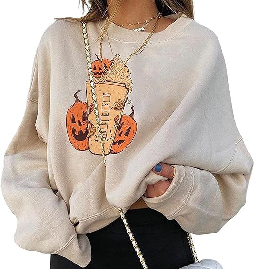 Halloween Sweatshirts for Women Pumpkin Skull Print Sweater Long Sleeve Pullover Tops Lightweight... | Amazon (US)