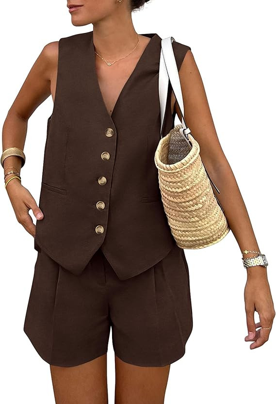 PRETTYGARDEN Women's Summer 2 Piece Outfits Sleeveless Matching Sets Button Down V Neck Vest Wais... | Amazon (US)