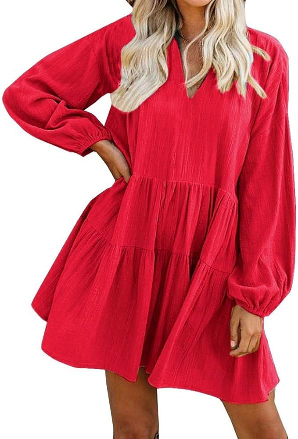 FANCYINN Women’s Cute Shift Dress with Pockets Fully Lined Bell Sleeve Ruffle Hem V Neck Loose ... | Amazon (US)