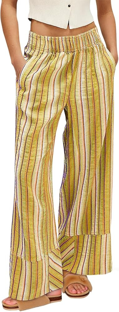 Cicy Bell Womens Wide Leg Lounge Pants Elastic High Waisted Striped Palazzo Pants Flowy Casual Be... | Amazon (US)