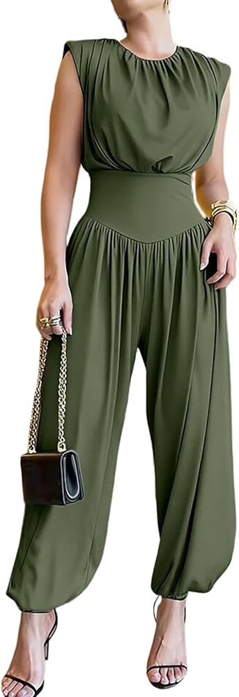 CHICME Padded Shoulders Sleeveless Cinched Waist Side High Slit Overalls Casual Hollow-out Back R... | Amazon (US)