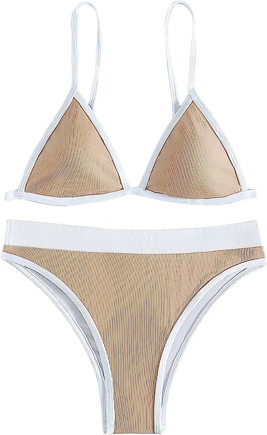 Romwe Women's Contrast Binding Triangle String High Waist Bikini Set Bathing Suit Swimsuit | Amazon (US)