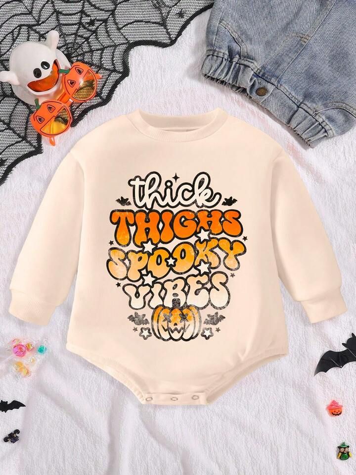 Infant Baby Boy Casual Halloween Pumpkin & Slogan Printed Long Sleeve Romper | SHEIN