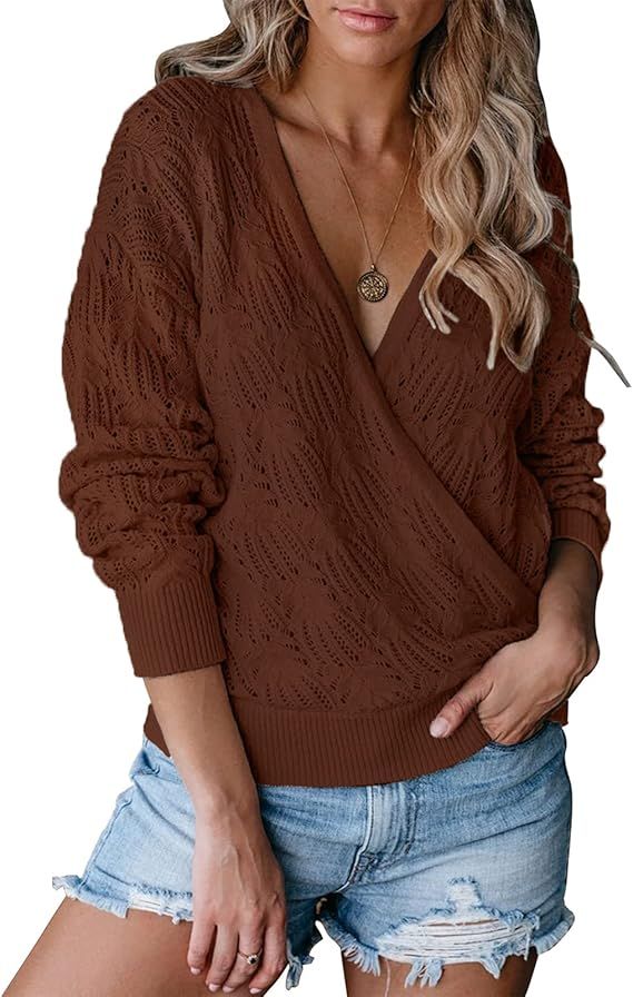MEROKEETY Womens Deep V Neck Wrap Sweaters Long Sleeve Crochet Knit Pullover Tops | Amazon (US)