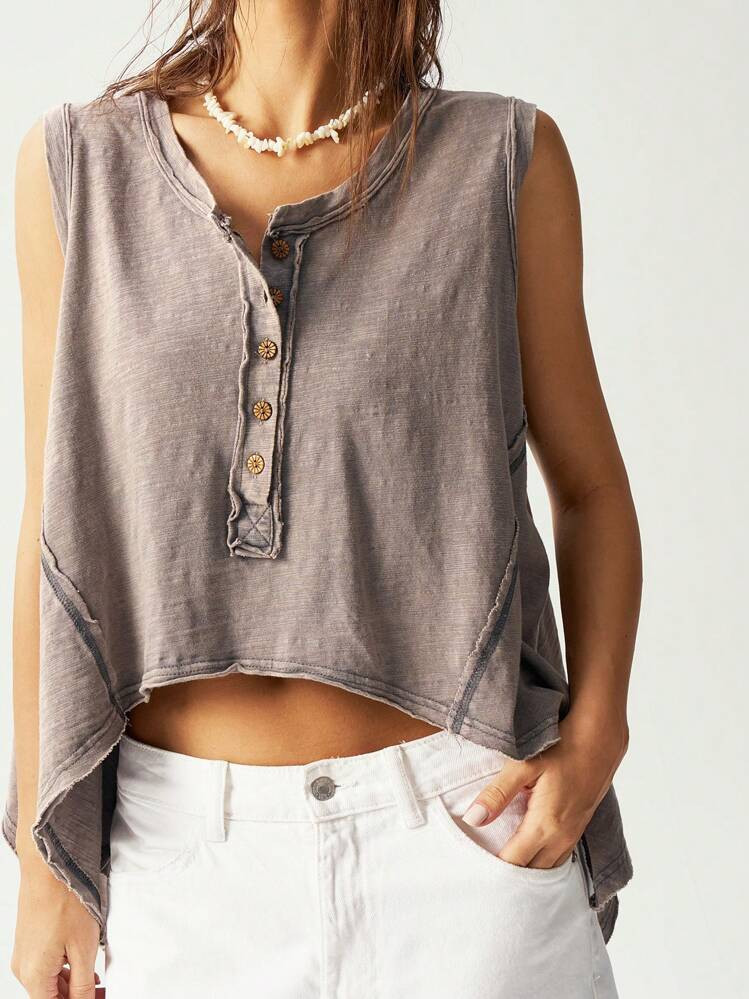 Bohemela Boho Women's Casual Solid Color Knit Loose Asymmetric Hem Half Zip Front Tank Top | SHEIN