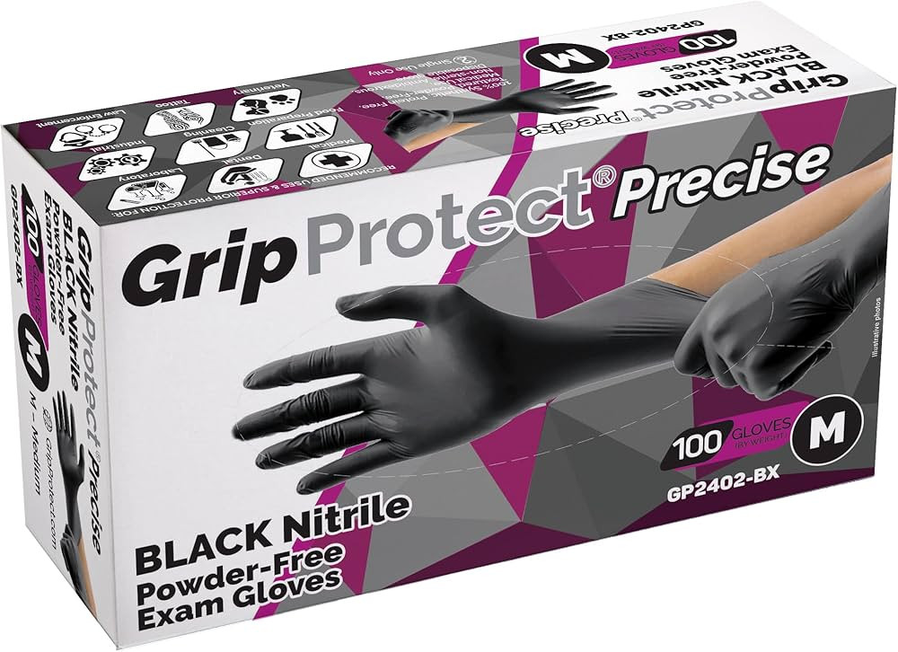 GripProtect® Precise Black Nitrile Exam Gloves, 4 Mil, Food, Home, Cleaning, Medical/Dental, Tat... | Amazon (US)