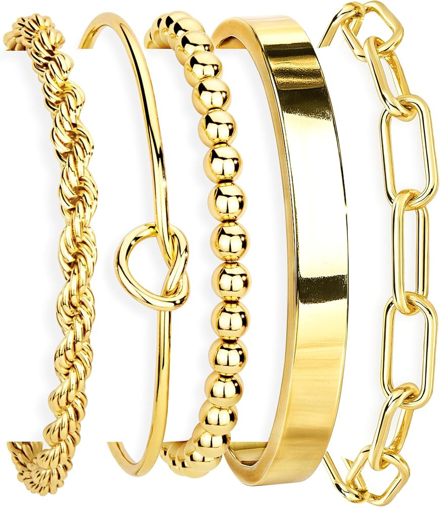 Gold Bracelets Set for Women Non Tarnish, Waterproof 14K Gold Plated Sterling Silver Chunky Cuff ... | Amazon (US)