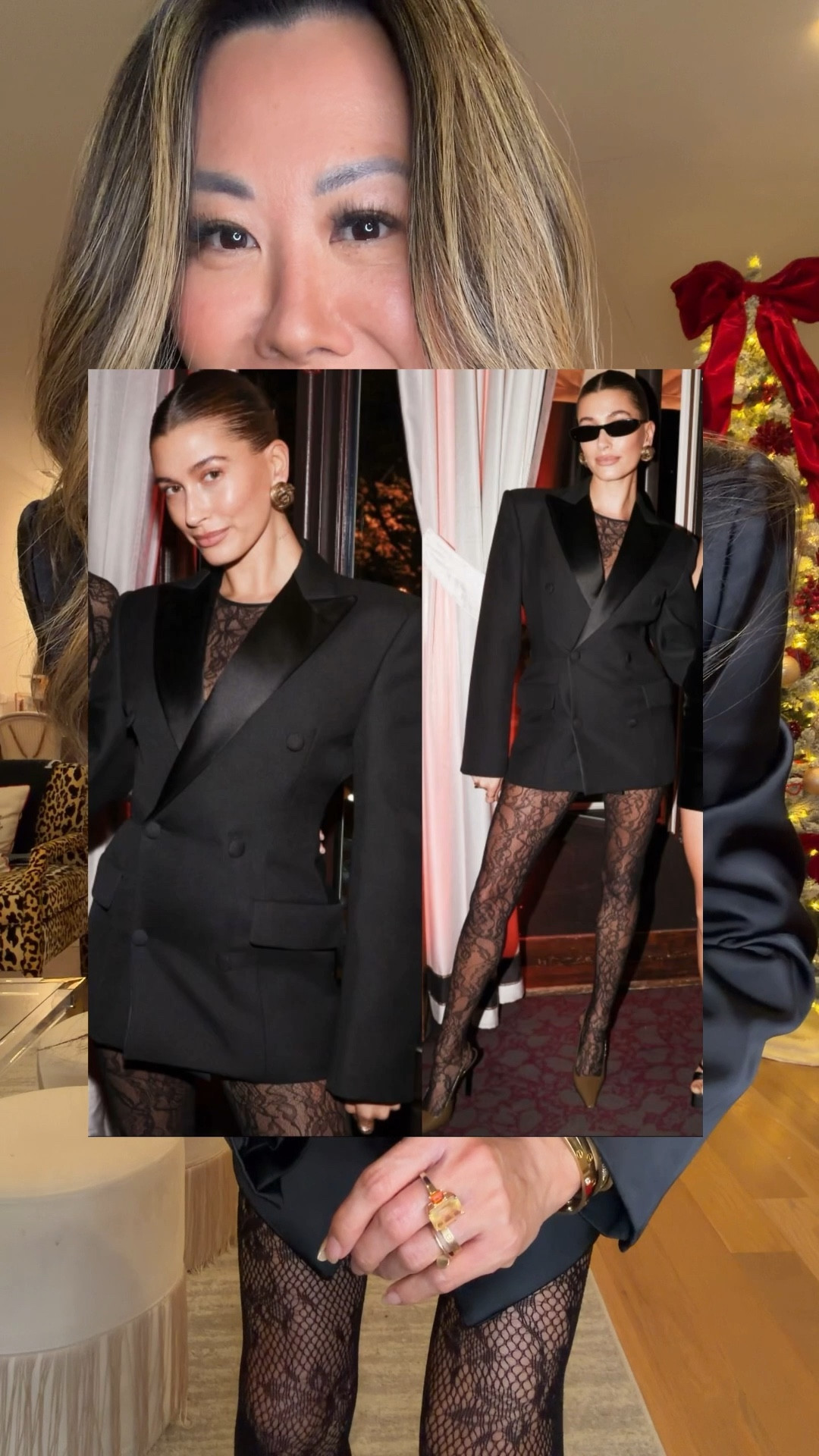 Hailey Bieber look for less. Tuxedo Satin blazer, Amazon lace tights and top. #ootn,  date night. Looks for less 

#LTKgrwm #LTKHoliday