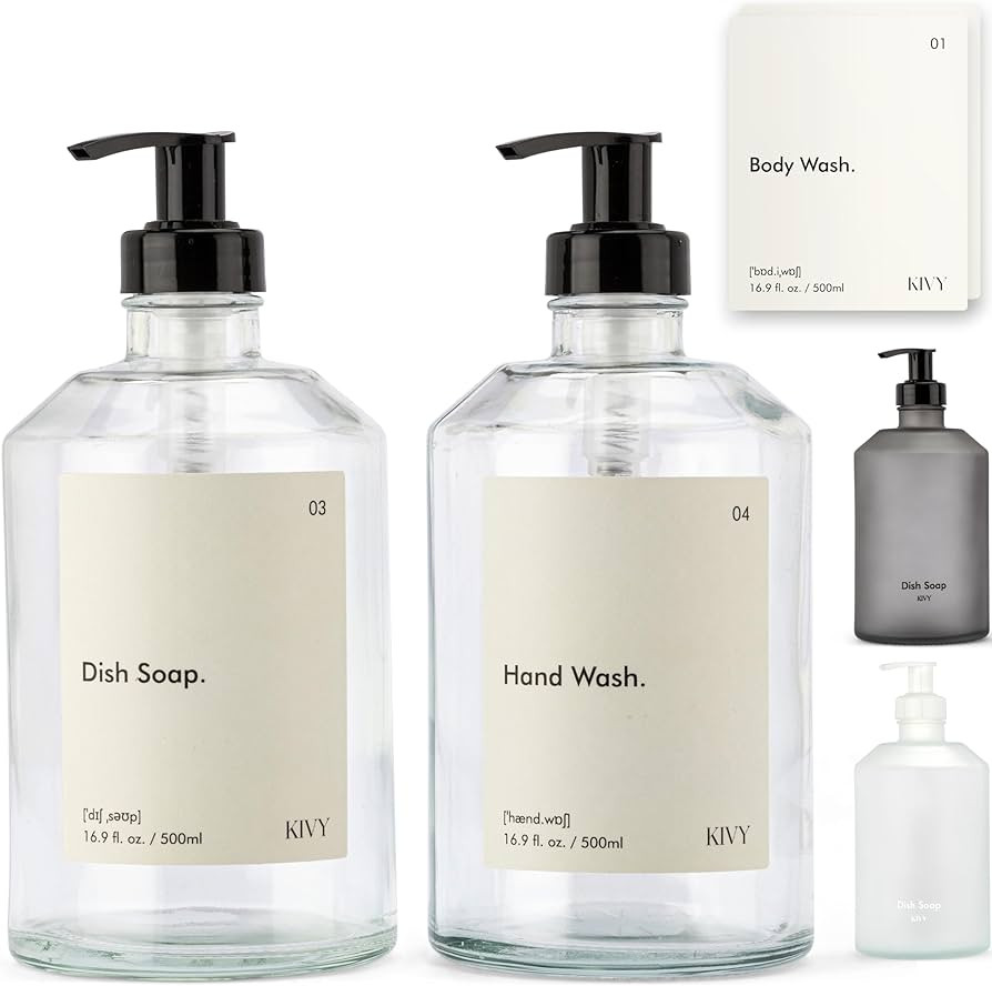 KIVY Glass Soap Dispenser Set [INCL. Waterproof Labels] - Glass Soap Dispenser with Pump - Hand S... | Amazon (US)