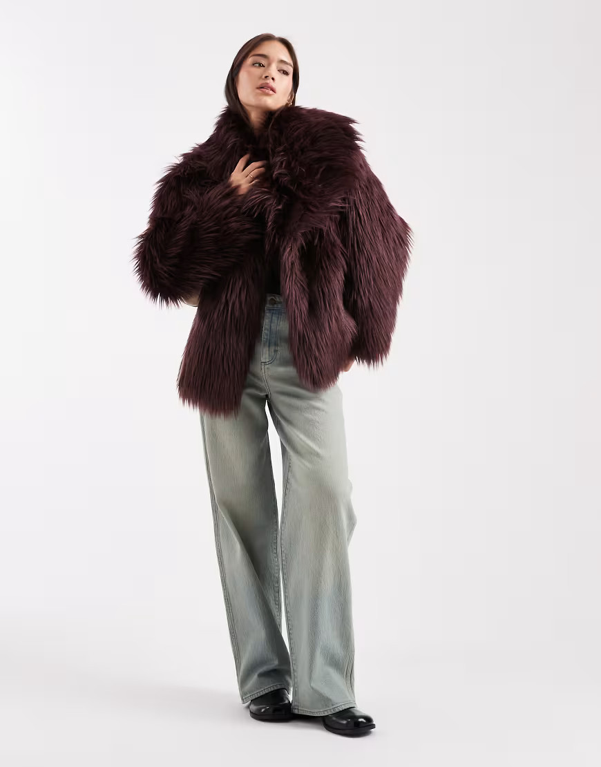 ASOS DESIGN oversized jacket with faux fur collar in burgundy-Red | ASOS (Global)