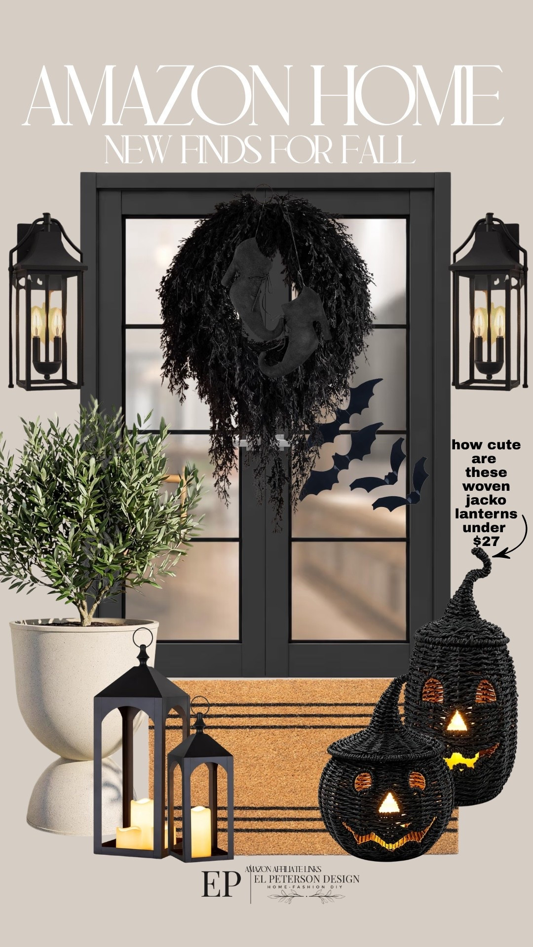 Amazon
New Fall Finds
Front door
Wreath
Outdoor lanterns
Woven Jack o lanterns
Door mat
Planters
Witches shoes 
Bats

#LTKHome