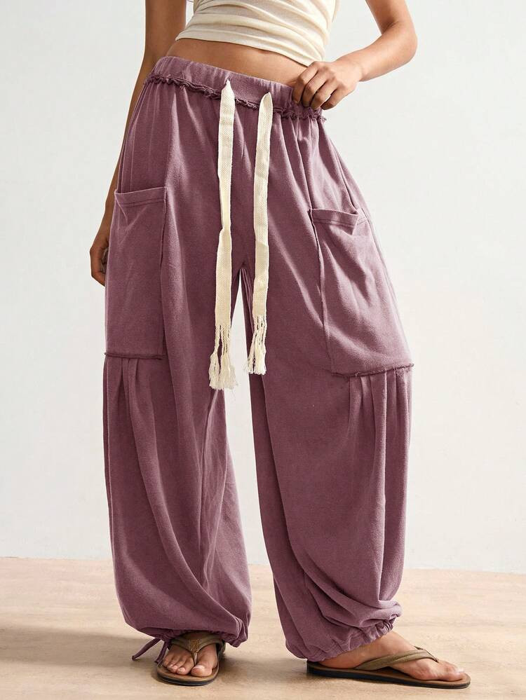 Bohemela Boho Solid Color Knit Loose Women's Pants, Casual Holiday | SHEIN