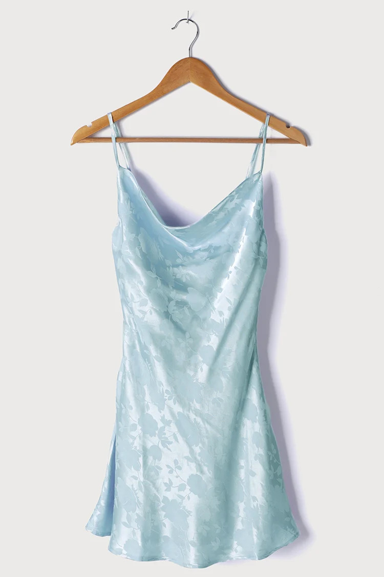 Close to Your Heart Dusty Blue Satin Jacquard Cowl Slip Dress | Lulus (US)
