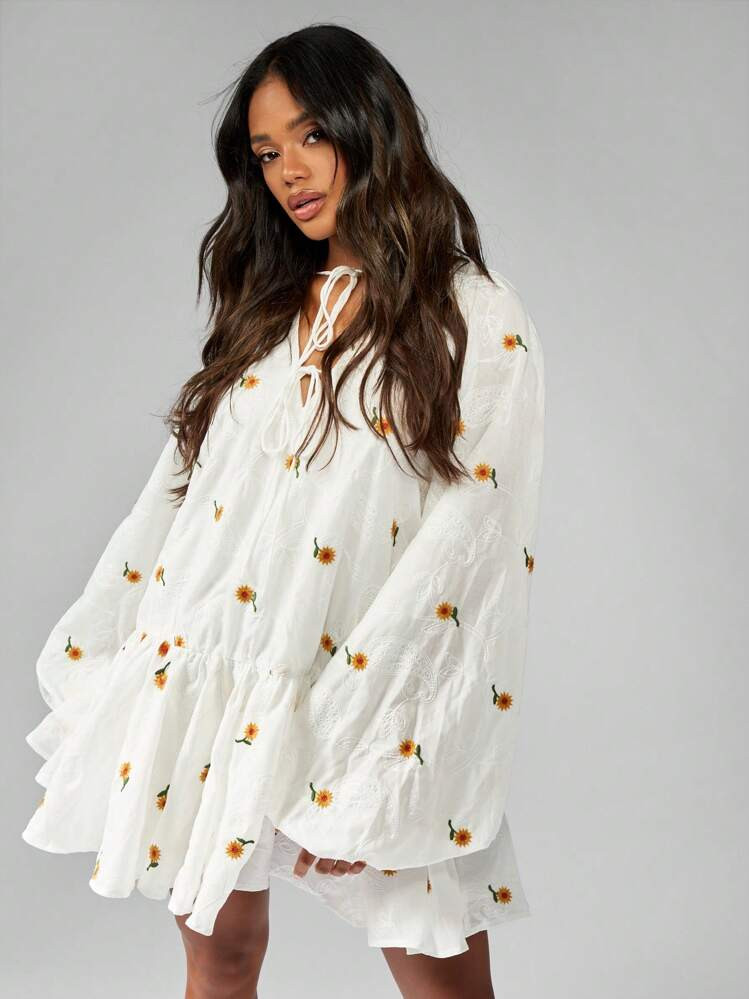 MISSGUIDED Embroidered Boho Mini Smock Dress With Balloon Sleeves Floral-Embellished Tiered Summer Sun Dress Festival Beach Vacation Daytime Party Dress | SHEIN