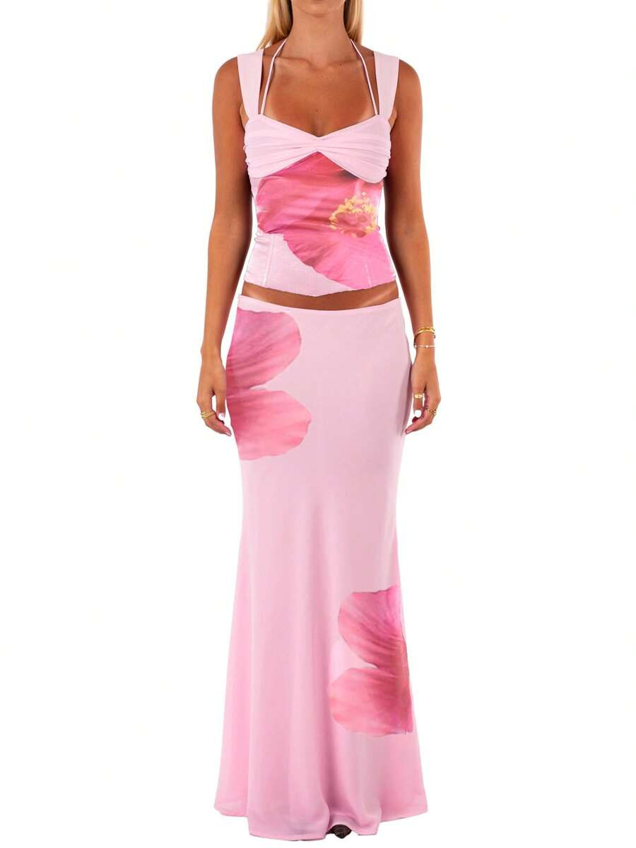 Women 2 Piece Skirts Set Sleeveless Ruched Tank Tops Bodycon Long Skirt Y2K Going Out Shirts Summ... | SHEIN