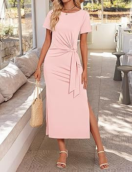 ZESICA Women's Summer Short Sleeve Bodycon Midi Dresses 2025 Casual Crewneck Knit Wrap Tie Waist ... | Amazon (US)